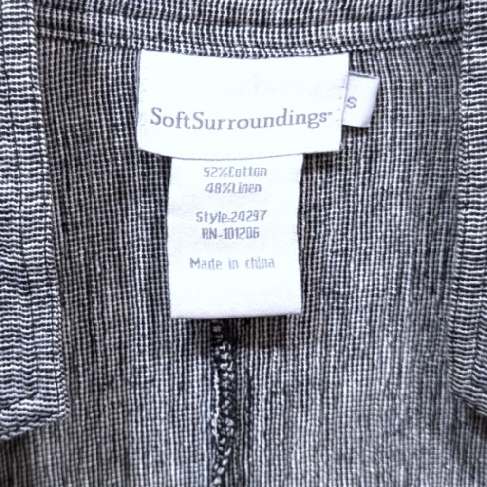 Soft Surroundings Grey Linen Blend Open Front Duster Coat with Black Frill (S) - Picture 3 of 7